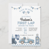 Blue Race Car First Lap Around The Track Birthday Einladung (Vorderseite)