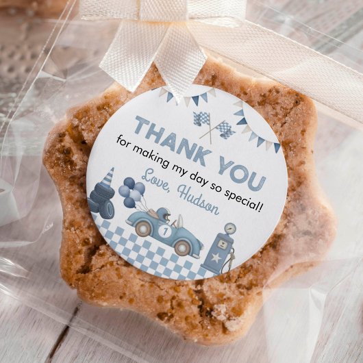 Blue Race Car First Lap Around the Track Birthday Runder Aufkleber