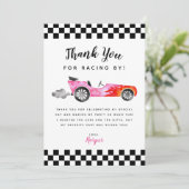 Blue Race Car Girl Geburtstagsparty Dankeskarte (Stehend Vorderseite)