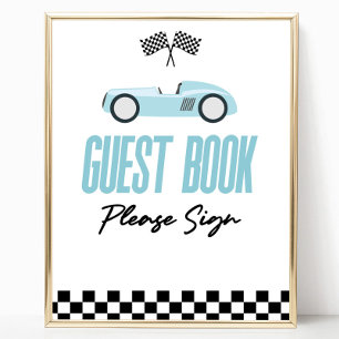 Blue Race Car Guest Book Party Sign Poster