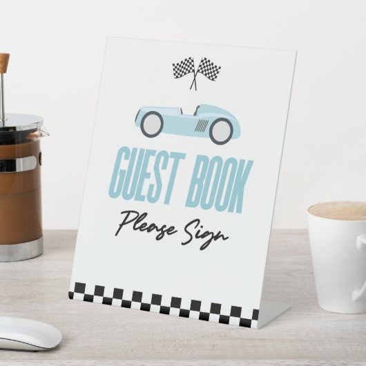 Blue Race Car Guest Book Party Sockelschild (In SItu)