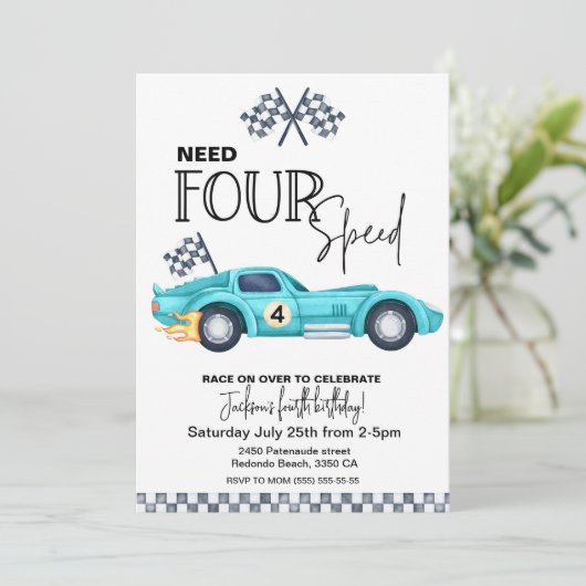 Blue Race Car, Need FOUR speed 4th Birthday Einladung (Stehend Vorderseite)
