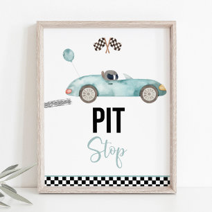 Blue Race Car Pit Stopp Birthday Sign Poster