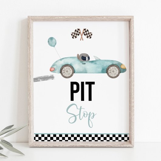 Blue Race Car Pit Stopp Birthday Sign Poster