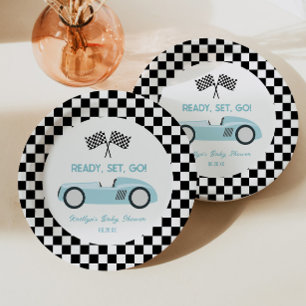 Blue Race Car Ready Set Go Baby Dusche Pappteller