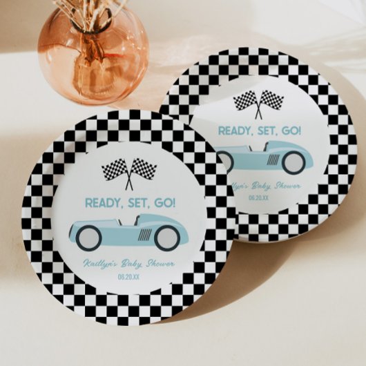 Blue Race Car Ready Set Go Baby Dusche Pappteller