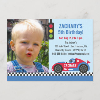 Blue Race Car Themed Boys Geburtstagsparty Foto Einladung