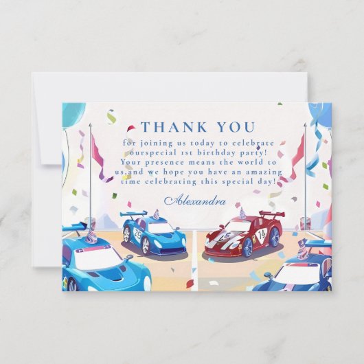 Blue Race Car Two Fast Birthday Dankeskarte (Vorderseite)