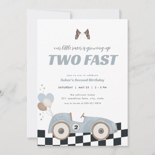 Blue Race Car Two Fast Second Birthday Invite  Einladung (Vorderseite)