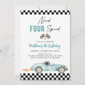 Blue Race Car Vierte Geburtstag Einladung (Vorderseite)