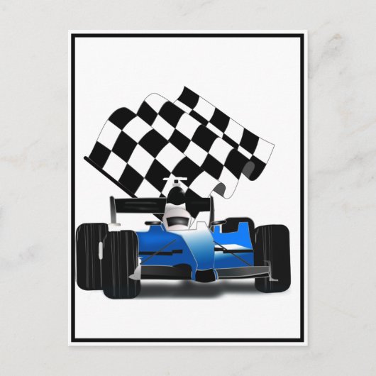 Blue Race Car with Checkered Flag Postkarte (Vorderseite)