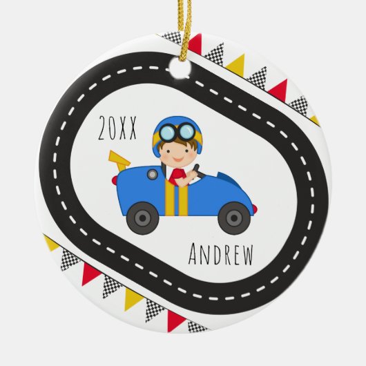 Blue Racing Car Boy Weihnachtsdekoration Keramik Ornament (Vorne)