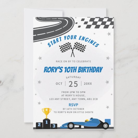 Blue Racing Car Geburtstagsparty Einladung (Vorderseite)