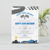 Blue Racing Car Geburtstagsparty Einladung (Stehend Vorderseite)
