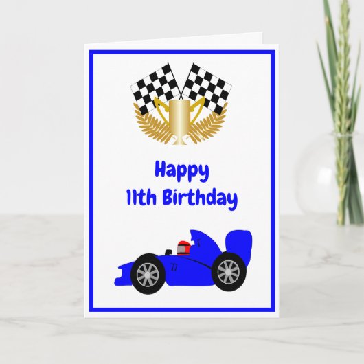 Blue Racing Car Personalisiert 11. Geburtstag Karte (Vorderseite)