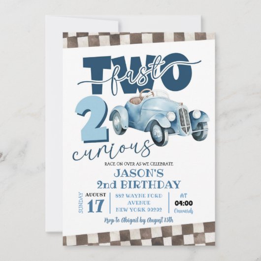 Blue Racing Car Zwei Fast Zwei Neuartiger 2. Gebur Einladung (Vorderseite)