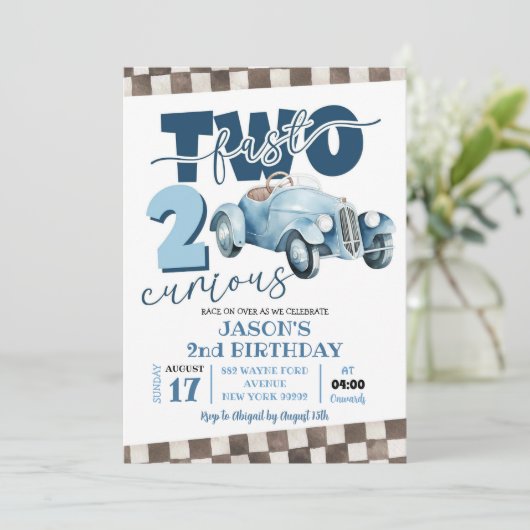 Blue Racing Car Zwei Fast Zwei Neuartiger 2. Gebur Einladung (Stehend Vorderseite)
