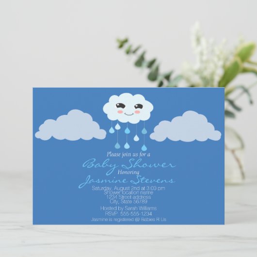 Blue Rain Cloud Baby Dusche Einladung (Stehend Vorderseite)