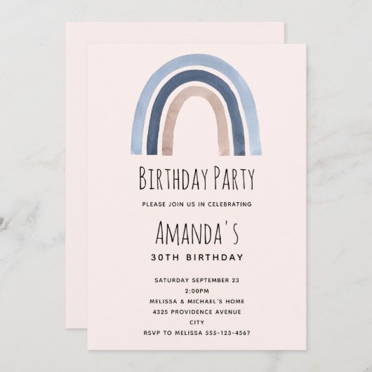 Blue Rainbow Boho Design Geburtstag Einladung (Vorne/Hinten)