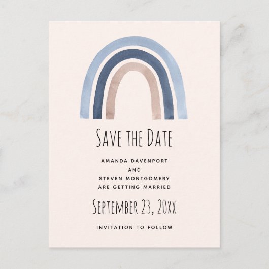 Blue Rainbow Boho Design Save the Date Hochzeit Ankündigungspostkarte (Vorderseite)