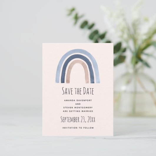 Blue Rainbow Boho Design Save the Date Hochzeit Ankündigungspostkarte (Stehend Vorderseite)