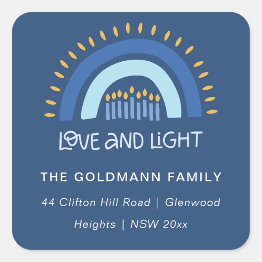 Blue Rainbow Candles Liebe & Light Hanukkah Adress Quadratischer Aufkleber (Vorderseite)