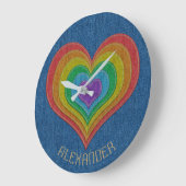 Blue Rainbow Denim Jeans 6 Hearts Name Customized Große Wanduhr (Winkel)