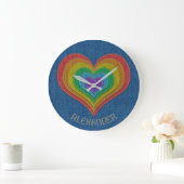 Blue Rainbow Denim Jeans 6 Hearts Name Customized Große Wanduhr (Zuhause)