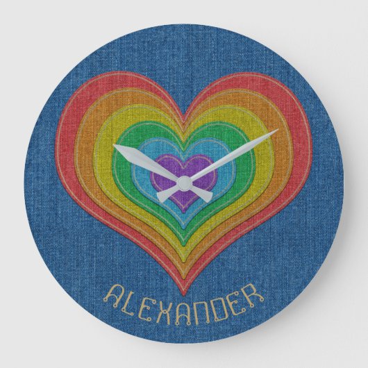 Blue Rainbow Denim Jeans 6 Hearts Name Customized Große Wanduhr (Vorderseite)