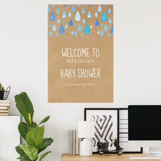 Blue Raindrops Boho Baby Dusche / Sprinkle Empfang Poster (Heimbüro)