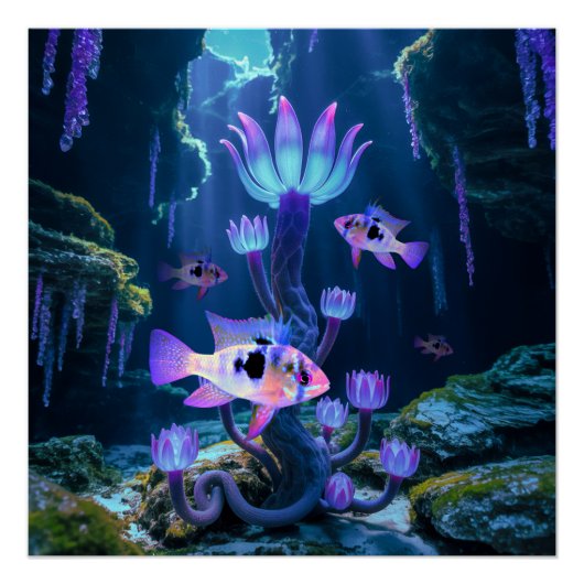 Blue Ram Cichlids Fantasy Surreal Aquarium Fisch Poster (Vorderseite)