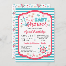 Blue & Raspberry Red Nautical Baby Dusche Einladung