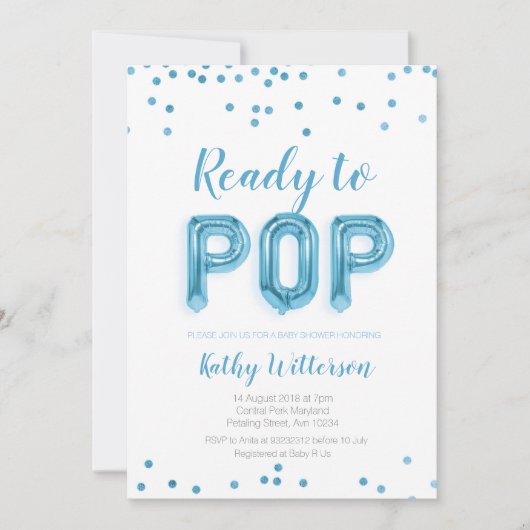 Blue Ready to Pop Babydusche Einladung (Vorderseite)
