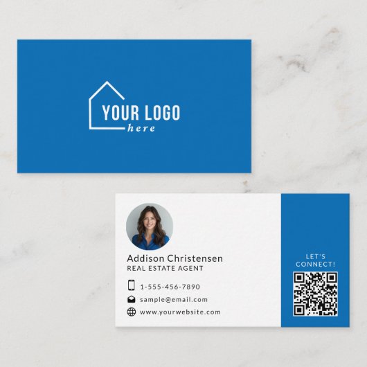 Blue Real Anwesen Logo Foto QR Code Business Card Visitenkarte (Vorne/Hinten)