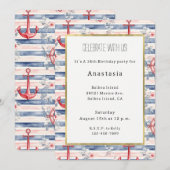 Blue Red Anchors Floral Stripes Beach Birthday Einladung (Vorne/Hinten)