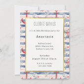 Blue Red Anchors Floral Stripes Beach Birthday Einladung (Vorderseite)