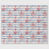 Blue Red Anchors Floral Stripes Beach Birthday Geschenkpapier (Flach)