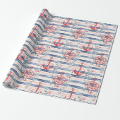Blue Red Anchors Floral Stripes Beach Birthday Geschenkpapier (Ungerollt)