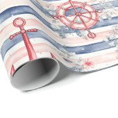 Blue Red Anchors Floral Stripes Beach Birthday Geschenkpapier (Rolleneckpunkt)