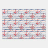Blue Red Anchors Floral Stripes Beach Birthday Geschenkpapier Set (Vorderseite)