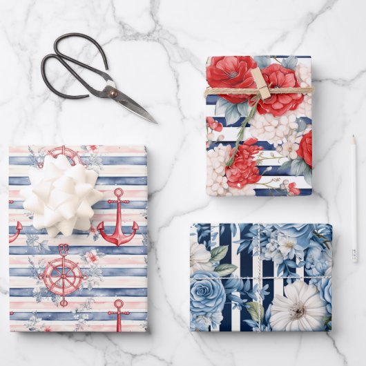 Blue Red Anchors Floral Stripes Beach Birthday Geschenkpapier Set (Vorderseite)