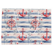 Blue Red Anchors Floral Stripes Beach Birthday Große Geschenktüte (Rückseite)