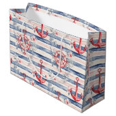 Blue Red Anchors Floral Stripes Beach Birthday Große Geschenktüte (Rückseite Schrägansicht)