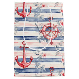 Blue Red Anchors Floral Stripes Beach Birthday Mittlere Geschenktüte