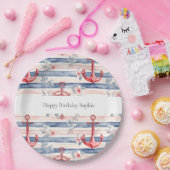 Blue Red Anchors Floral Stripes Beach Birthday Pappteller (Party)
