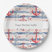 Blue Red Anchors Floral Stripes Beach Birthday Pappteller (Vorderseite)