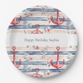 Blue Red Anchors Floral Stripes Beach Birthday Pappteller