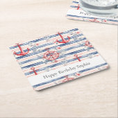 Blue Red Anchors Floral Stripes Beach Birthday Rechteckiger Pappuntersetzer (angewinkelt)
