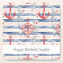 Blue Red Anchors Floral Stripes Beach Birthday Rechteckiger Pappuntersetzer