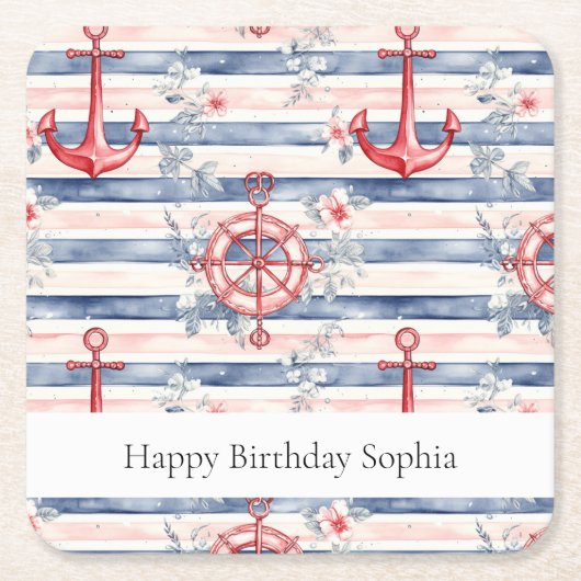 Blue Red Anchors Floral Stripes Beach Birthday Rechteckiger Pappuntersetzer (Vorderseite)